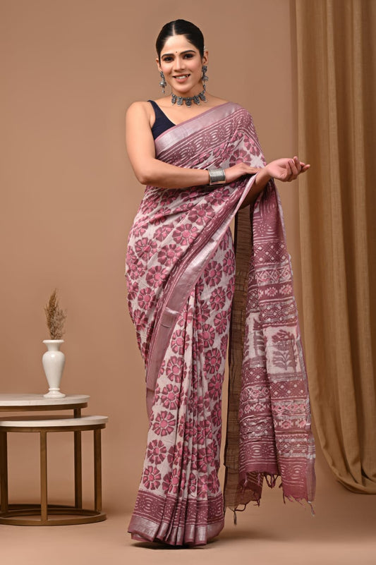 Hand block print linen saree