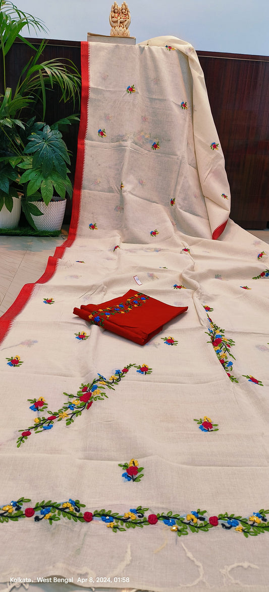 Hand bullian Parsi work on Dhanekhali cotton saree