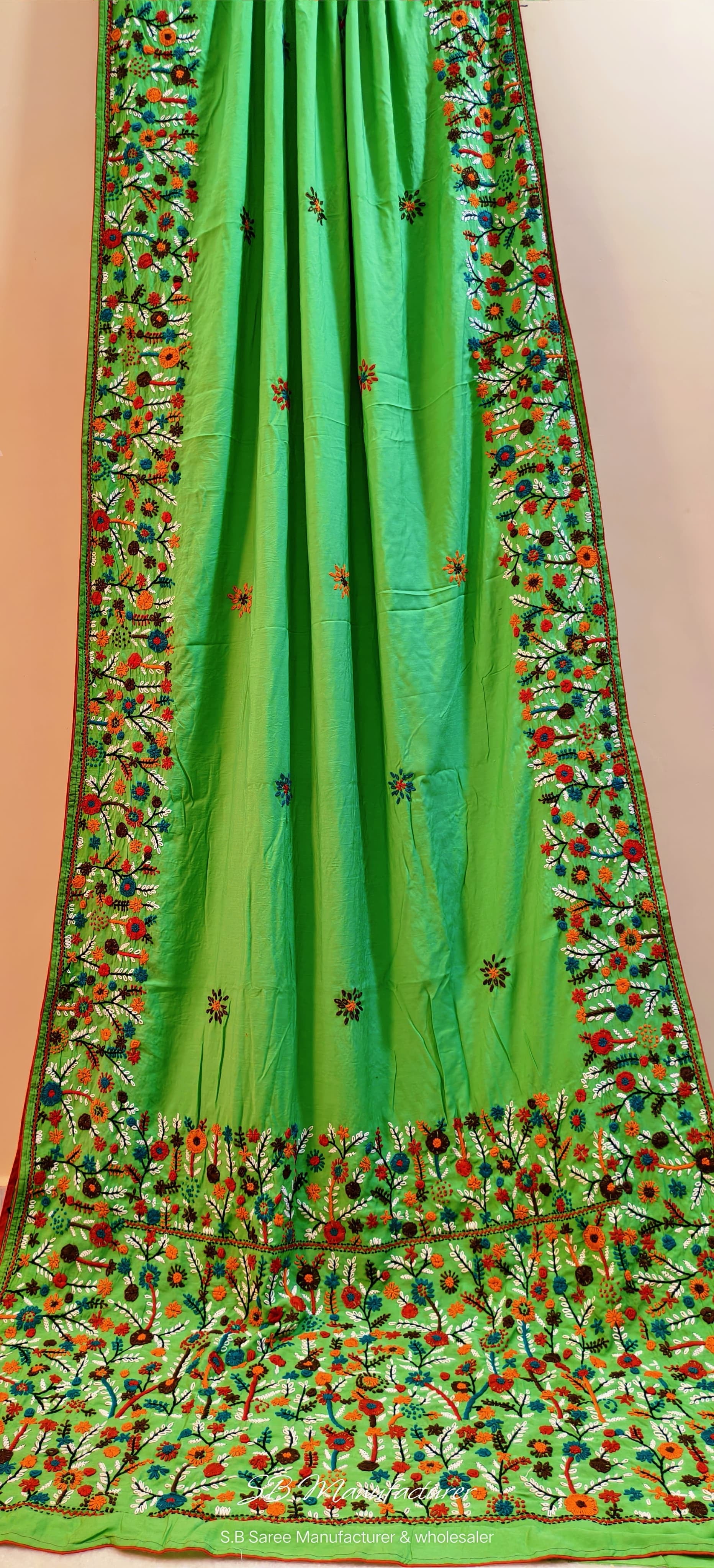 Hand bullion Parsi work on semi tussar silk saree - Green - Boutique saree