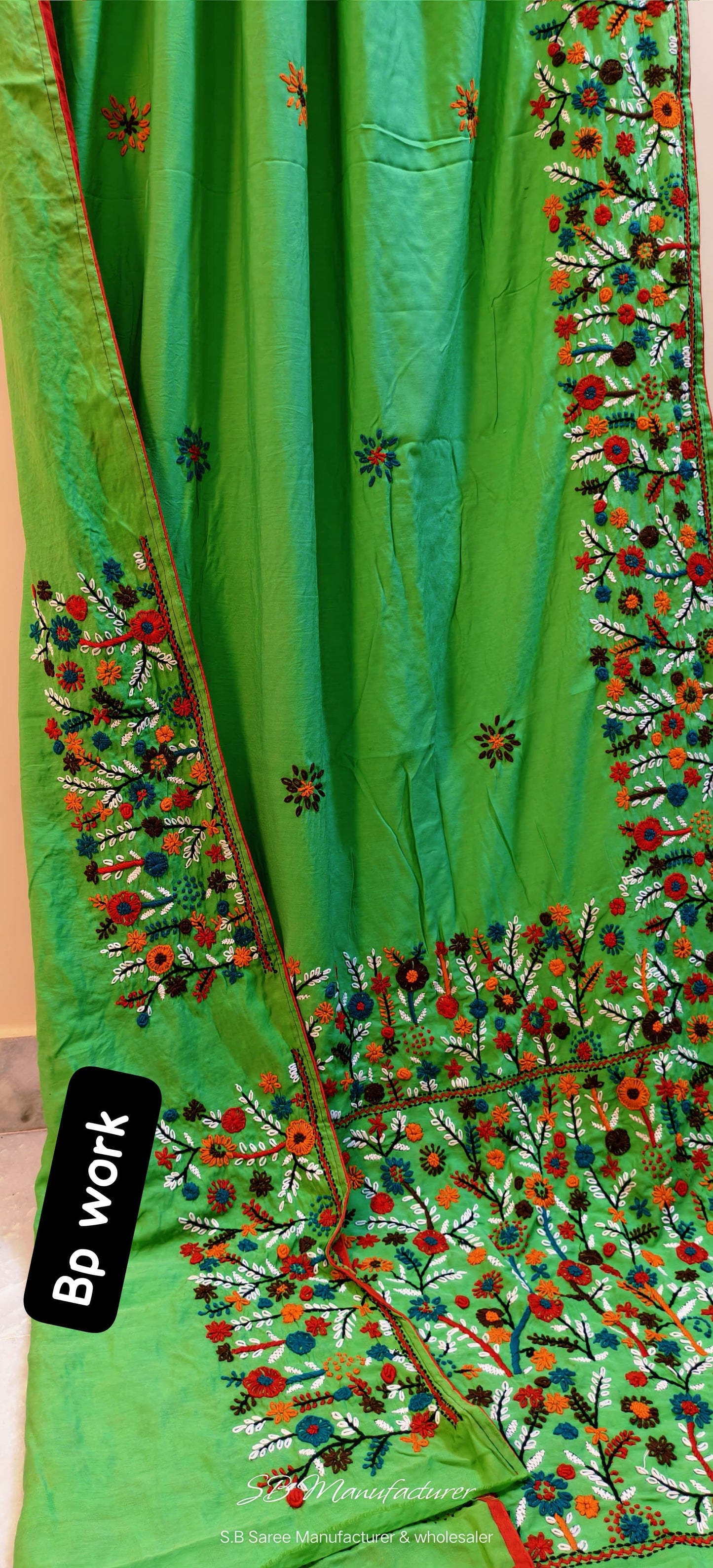 Hand bullion Parsi work on semi tussar silk saree - Green - Boutique saree