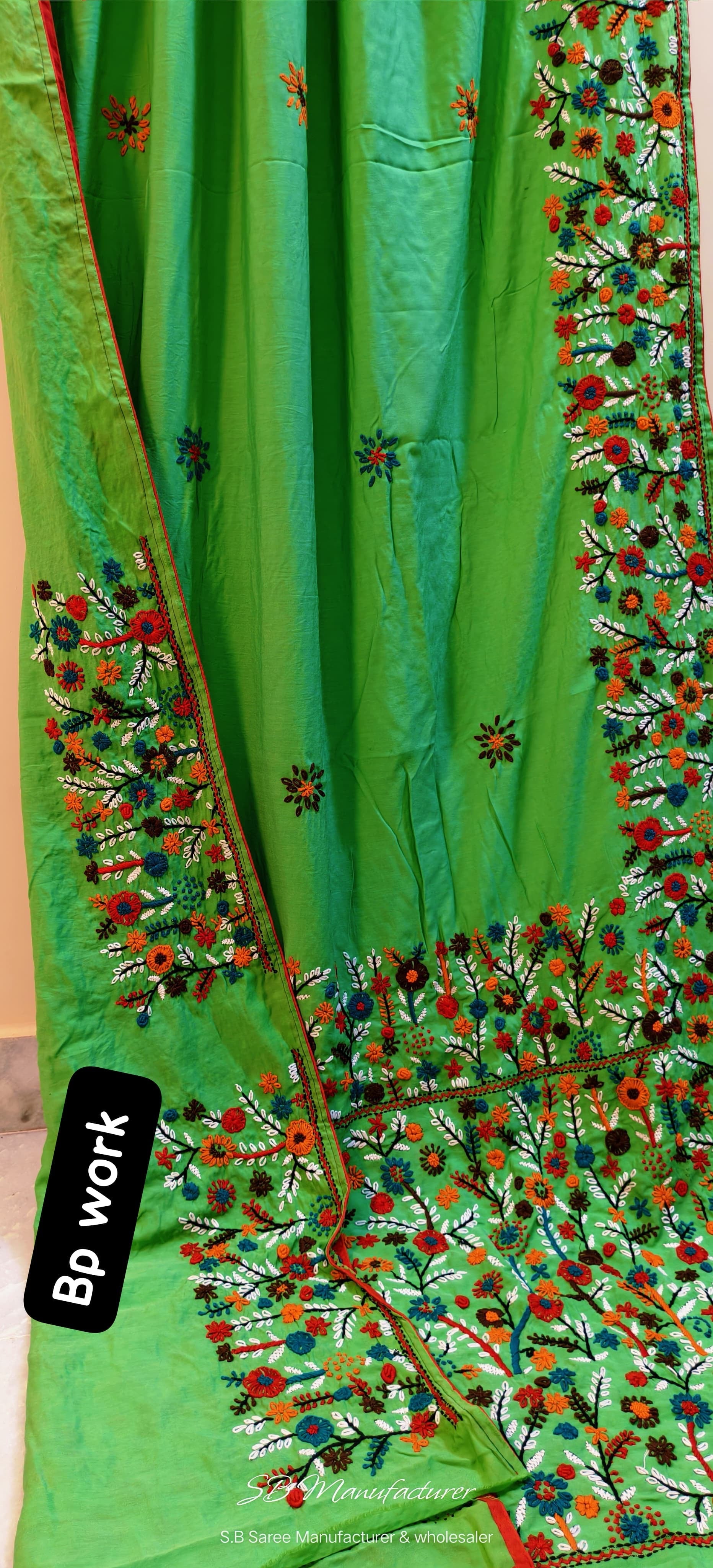 Hand bullion Parsi work on semi tussar silk saree - Green - Boutique saree