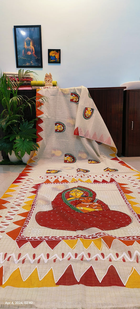 Hand paint on dhonekhali taant saree - Taant