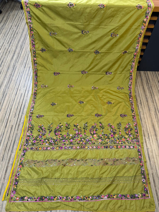 Hand parsi work on blended Bangalore silk saree boutique collection - Parrot green - Boutique saree