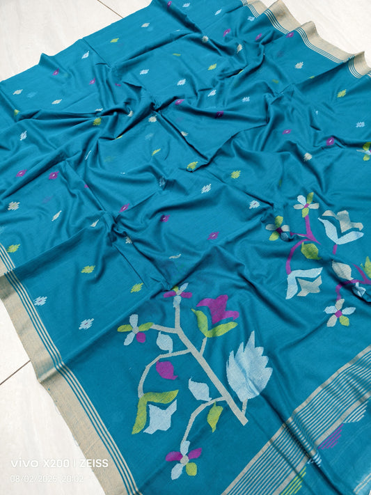 Handmade Cotton Jamdani Sarees from Putul’s Fashion with Floral Patterns - Firoza