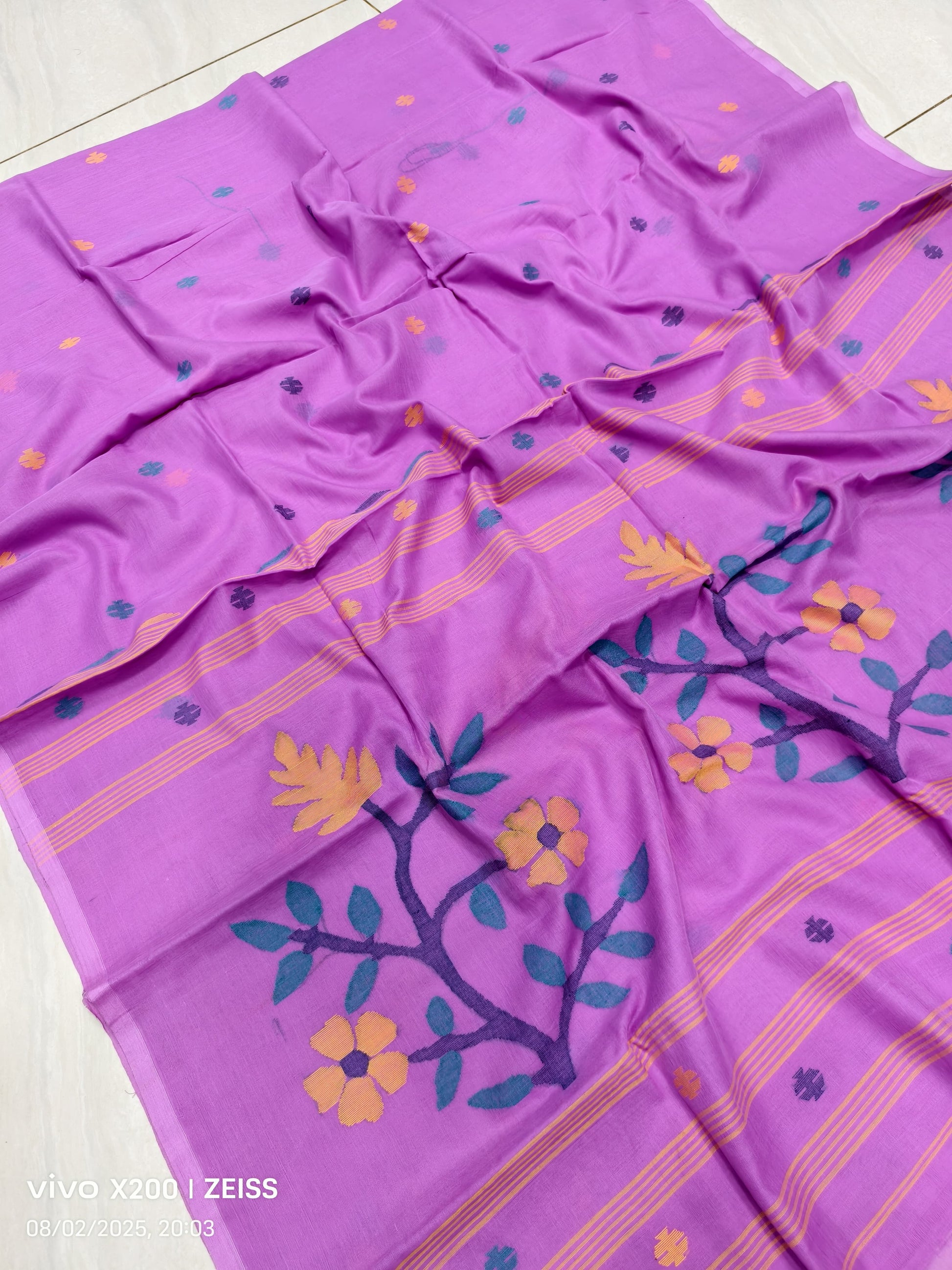 Handmade Cotton Jamdani Sarees from Putul’s Fashion with Floral Patterns - Purple