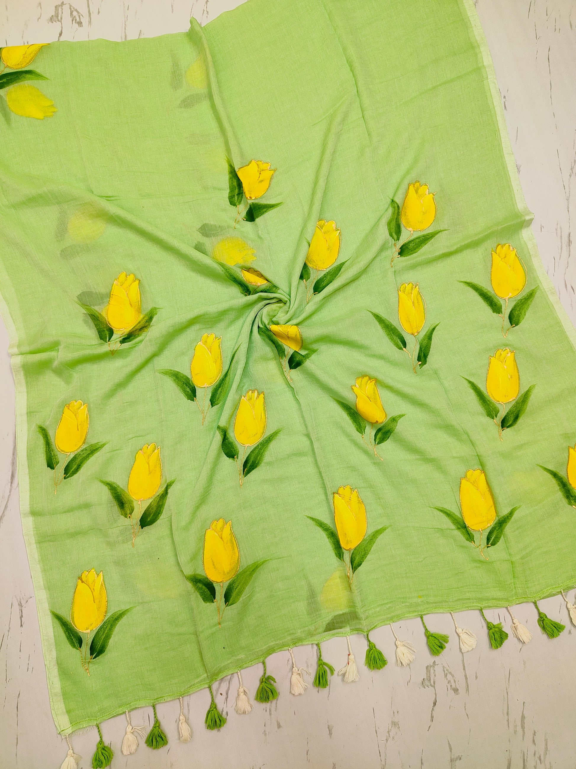 Icy green hand paint Mul cotton saree without blouse piece - Mul cotton