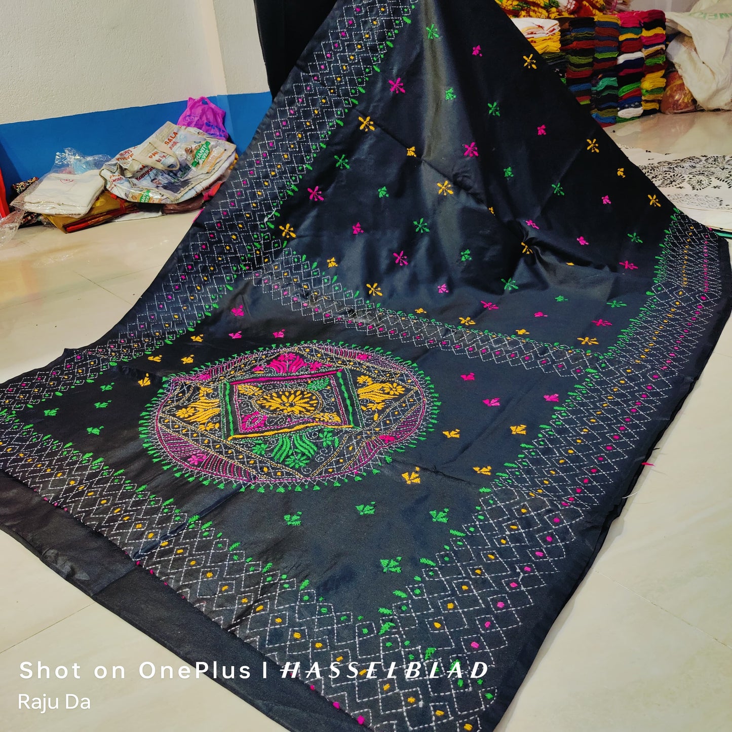 Kantha stitch on assam silk saree - Black