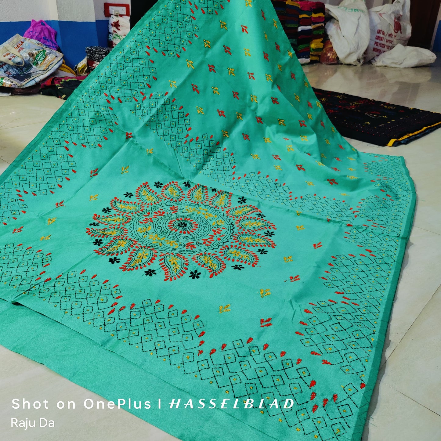 Kantha stitch on assam silk saree - Green