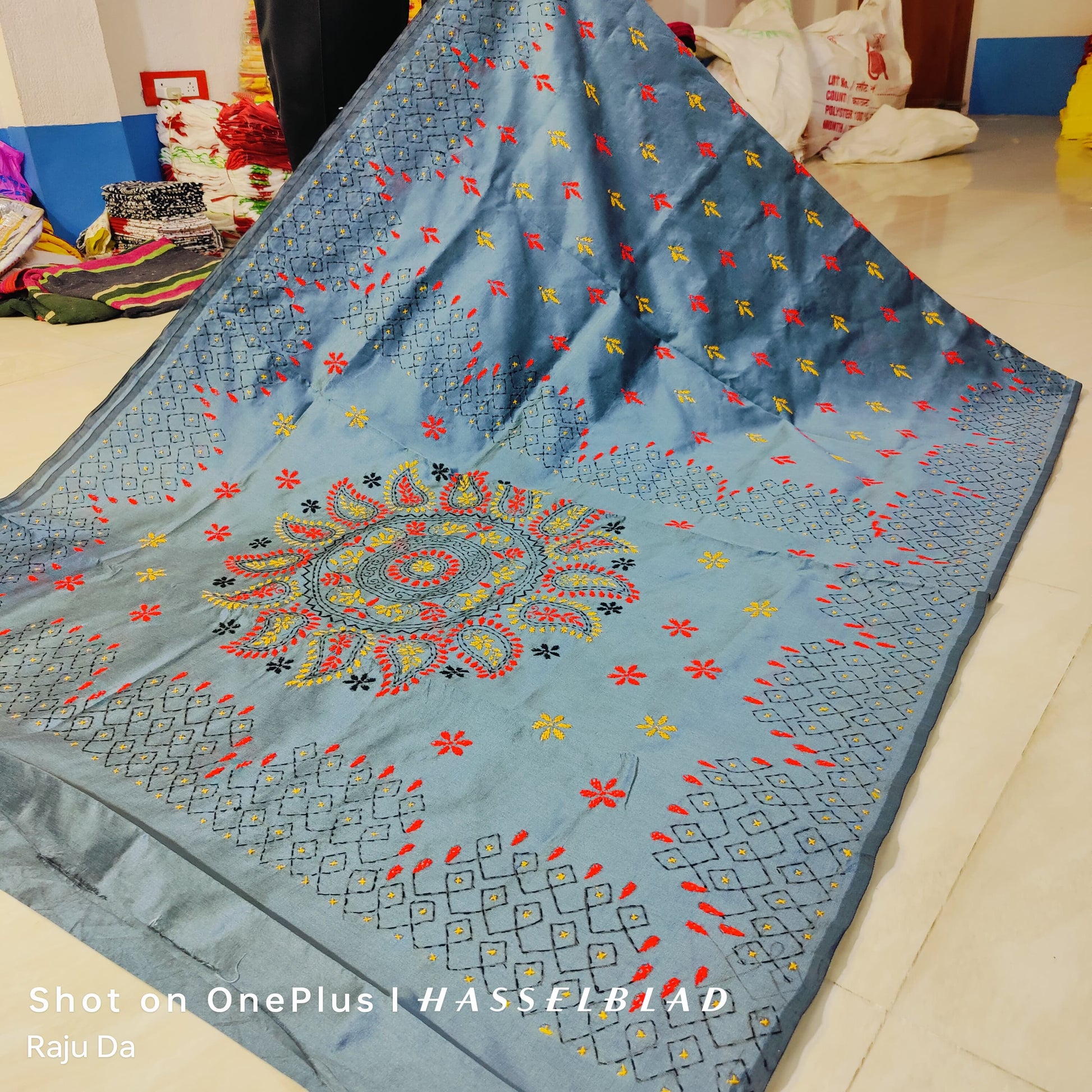 Kantha stitch on assam silk saree - Steel