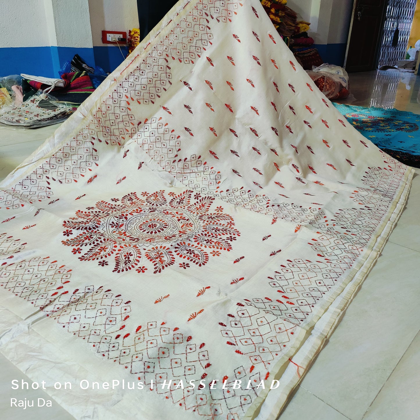 Kantha stitch on assam silk saree - White