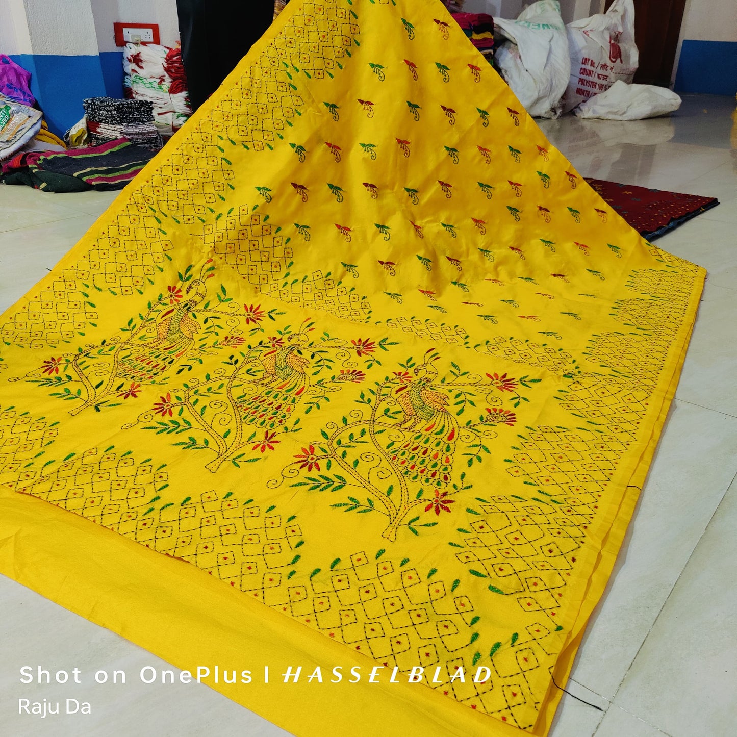 Kantha stitch on assam silk saree - Yellow