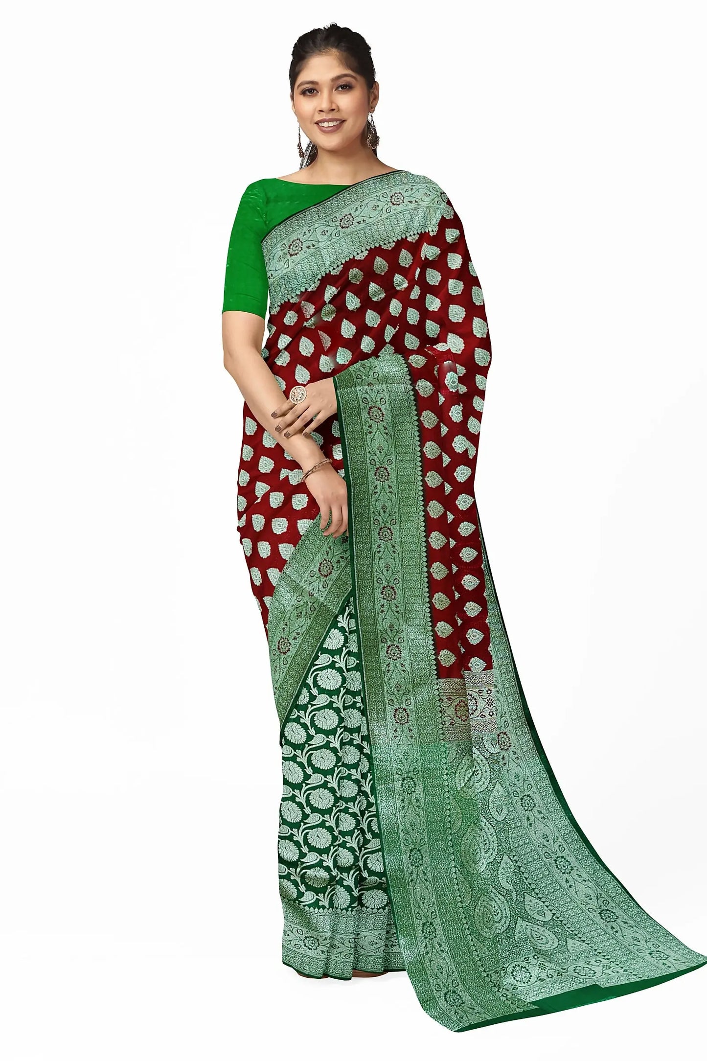 katan banarasi silk saree red green Putul's fashion