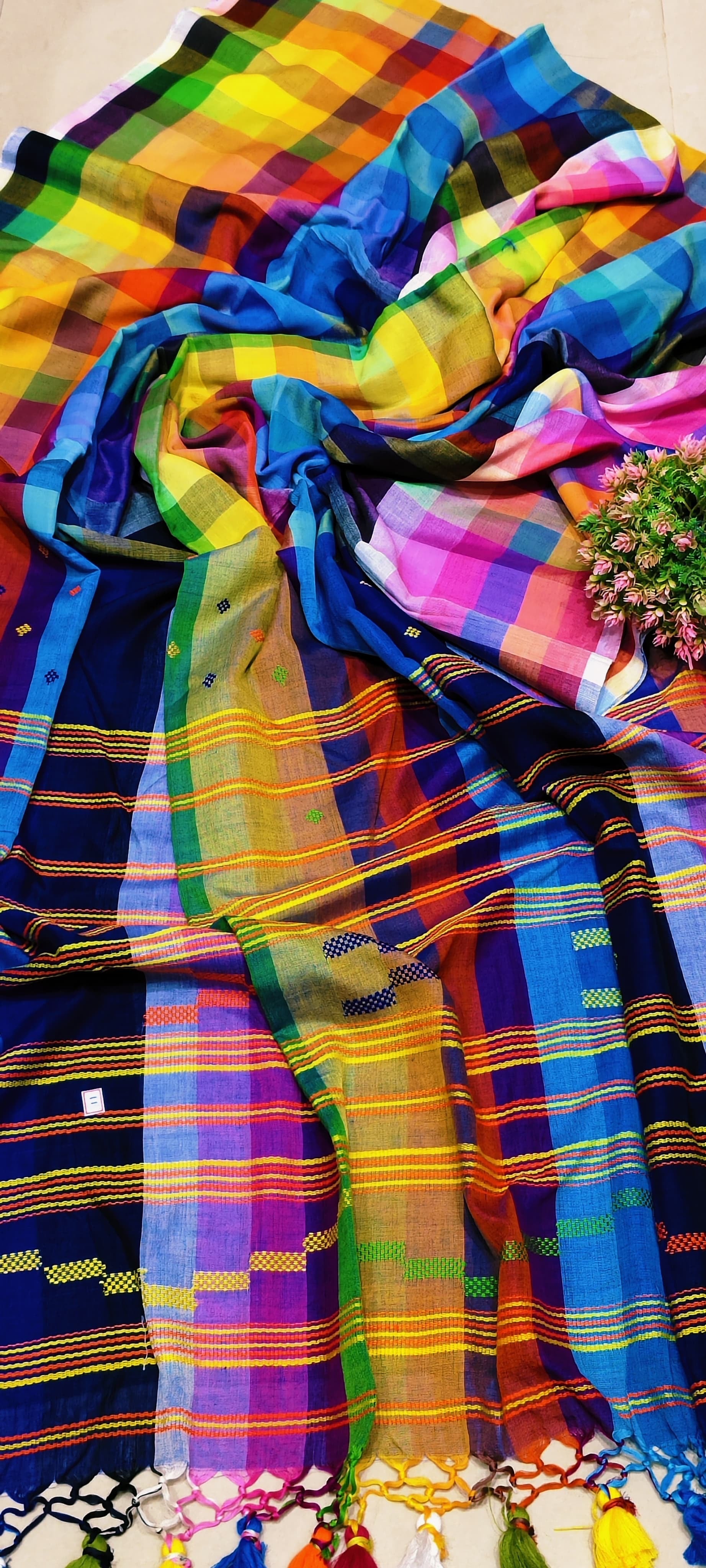 Khadi cotton Bhujodi saree from Bengal - Rainbow - Khadi cotton saree