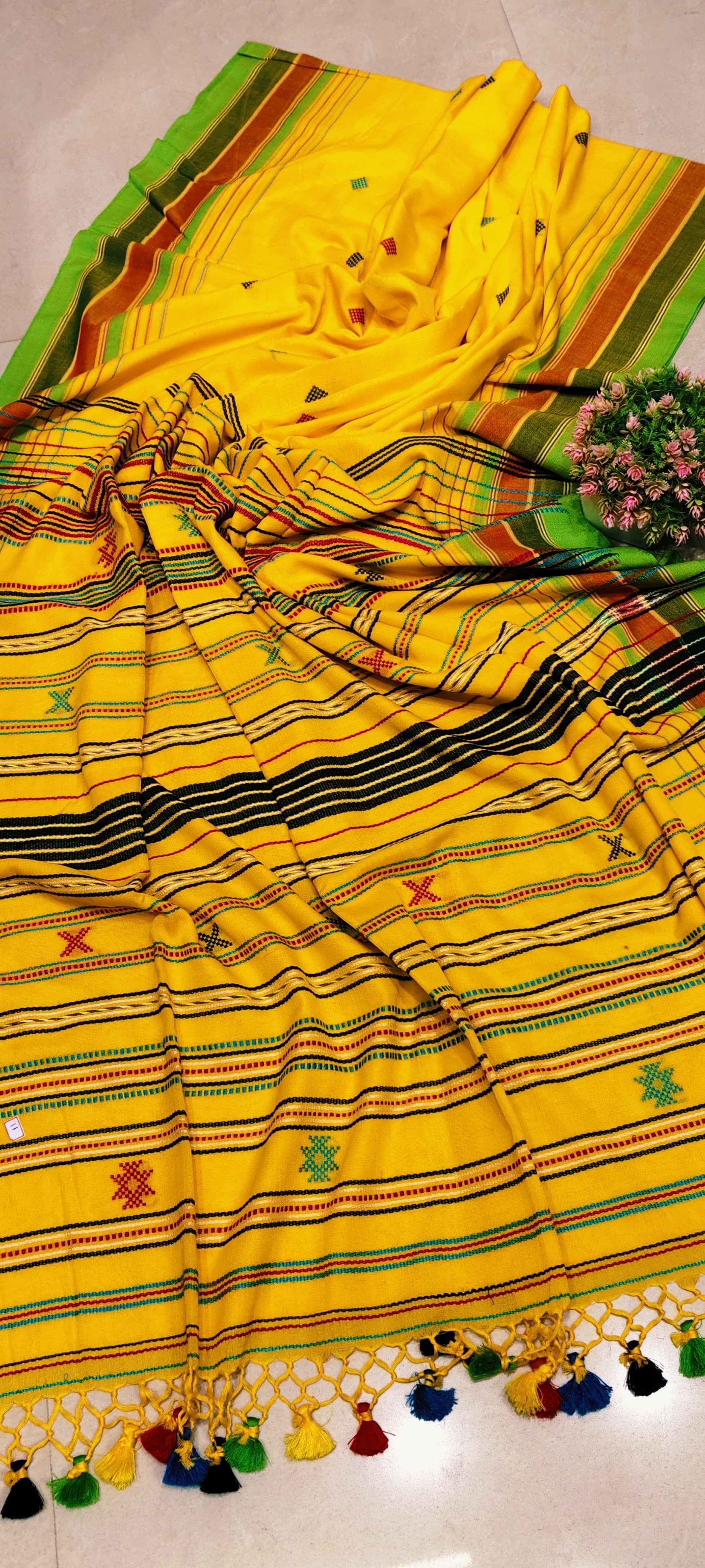 Khadi cotton Bhujodi saree from Bengal - Yellow - Khadi cotton saree