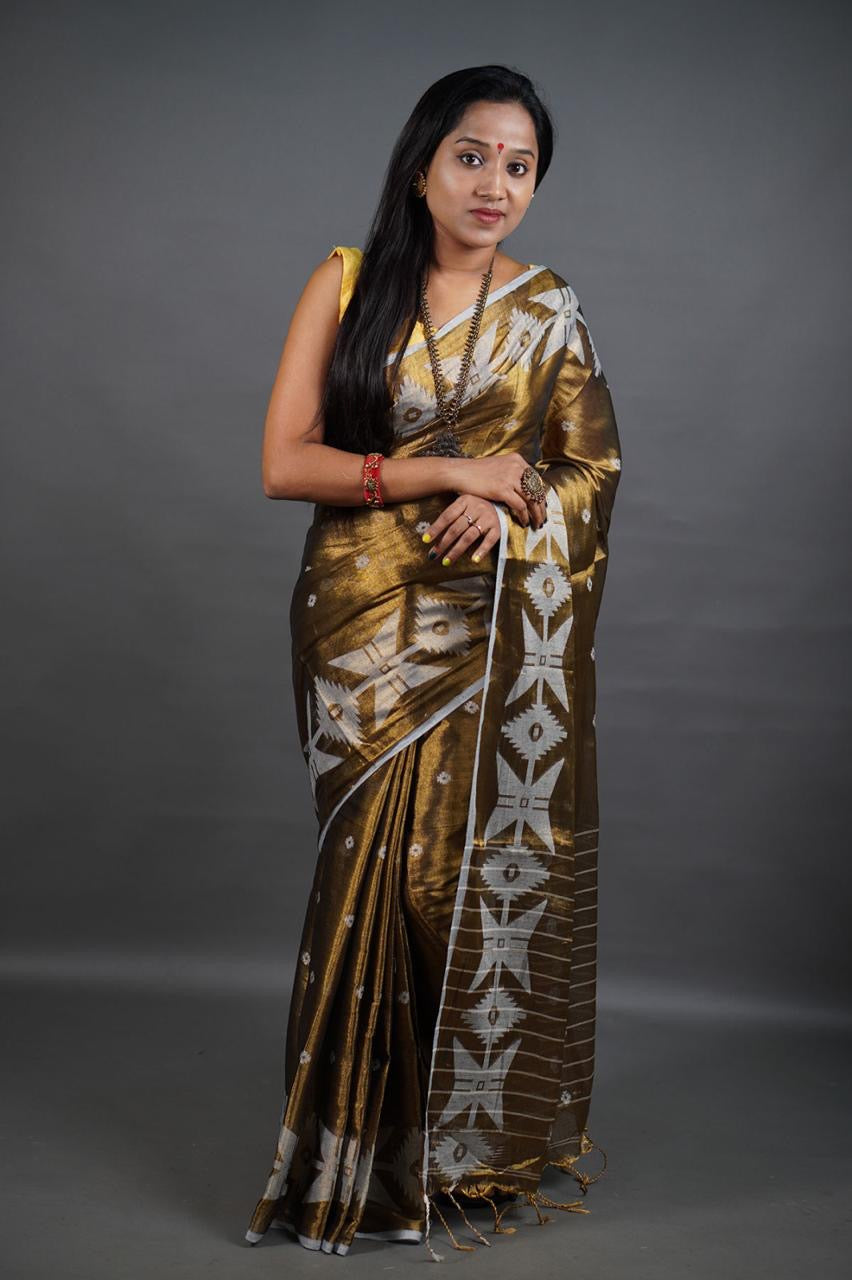 Khadi tissue jamdani saree of Bengal - Gold - Tissue saree