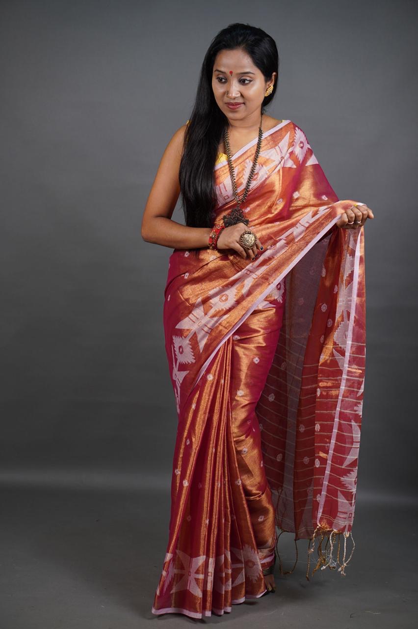 Khadi tissue jamdani saree of Bengal - Orange - Tissue saree