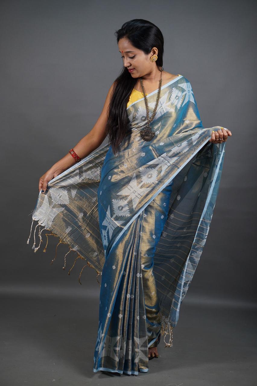 Khadi tissue jamdani saree of Bengal - Sky - Tissue saree