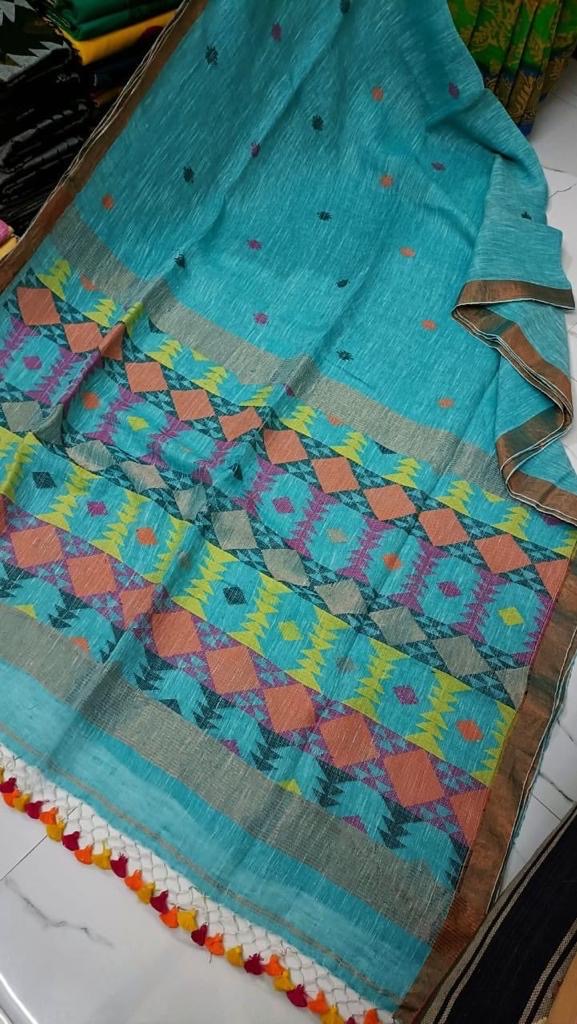 Linen jamdani saree A Rosy affair - Sky