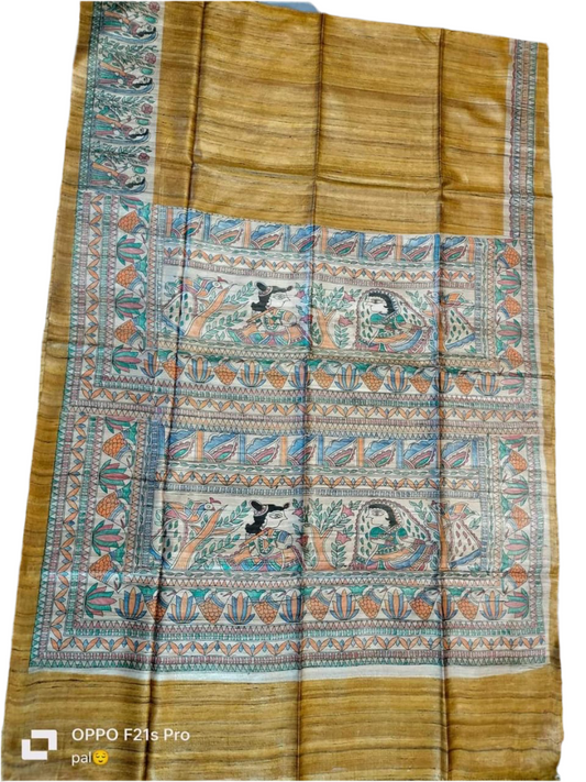 Madhubani hand paint on golden coloured desi tussar silk saree silk mark certified - Tussar saree