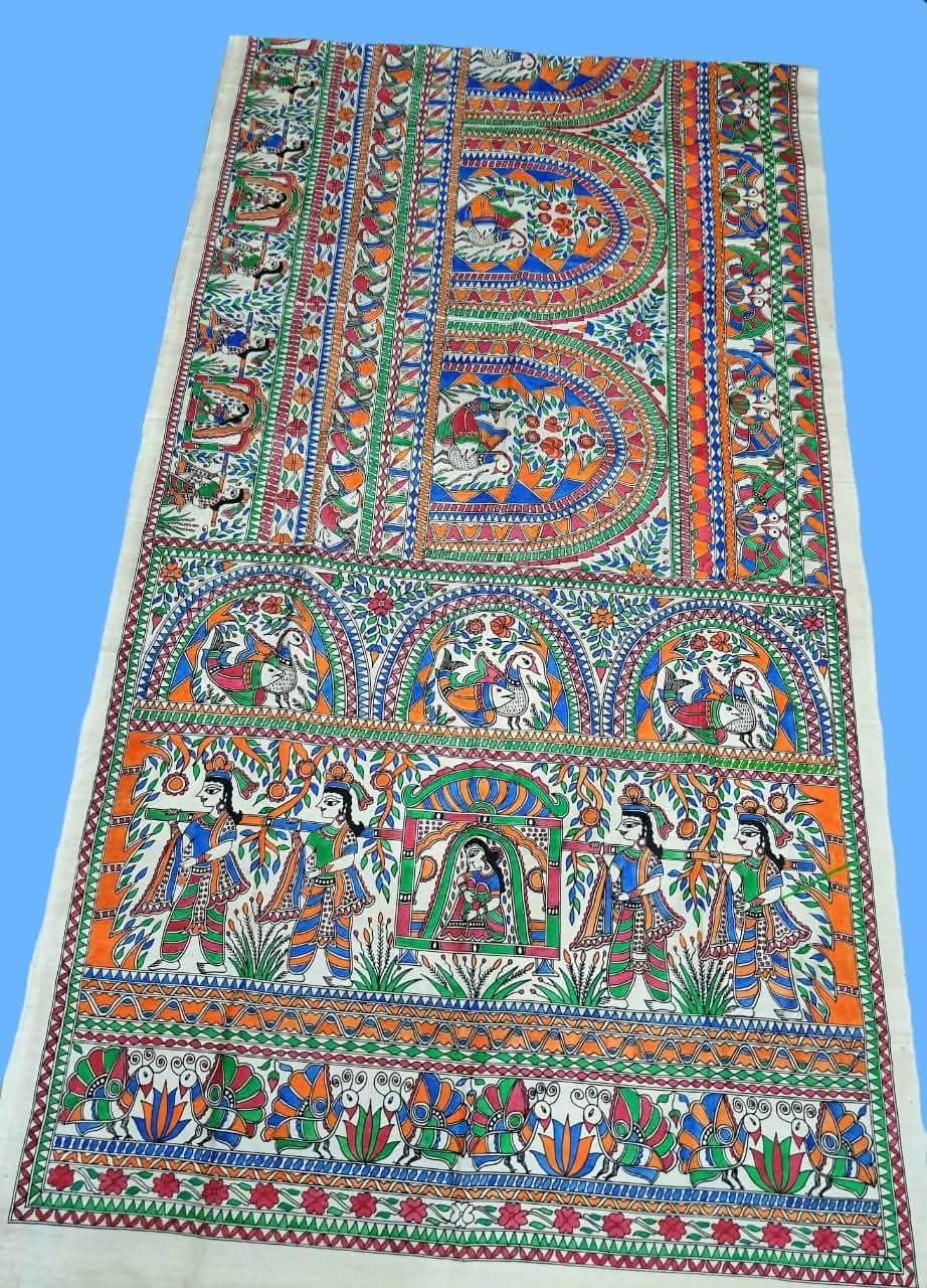 Madhubani Hand Painted Tussar Saree with Silk Mark Certified,Radha Krishna - Beige - Tussar saree
