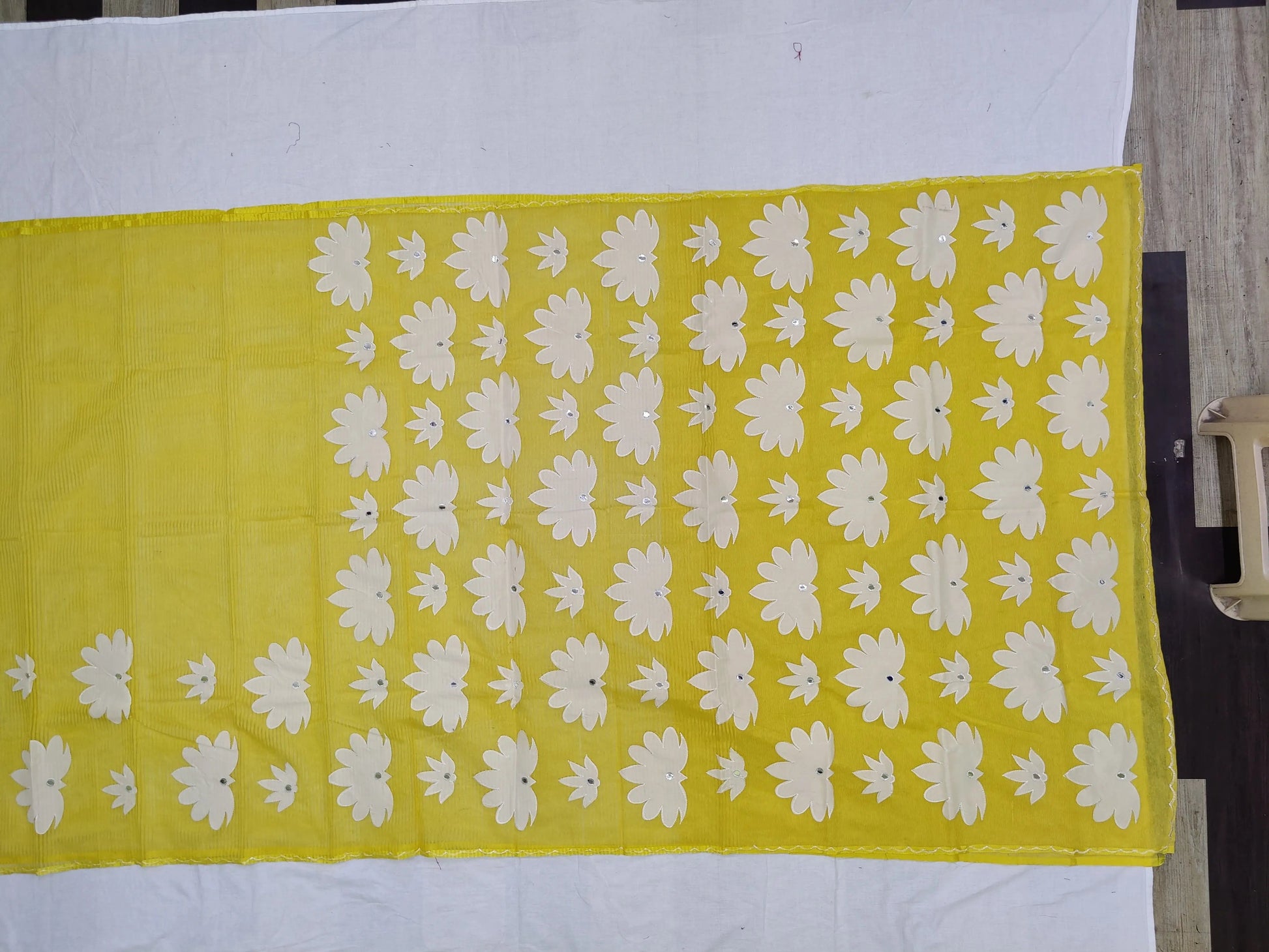 Applique saree noyel silk mirror work yellow colour 