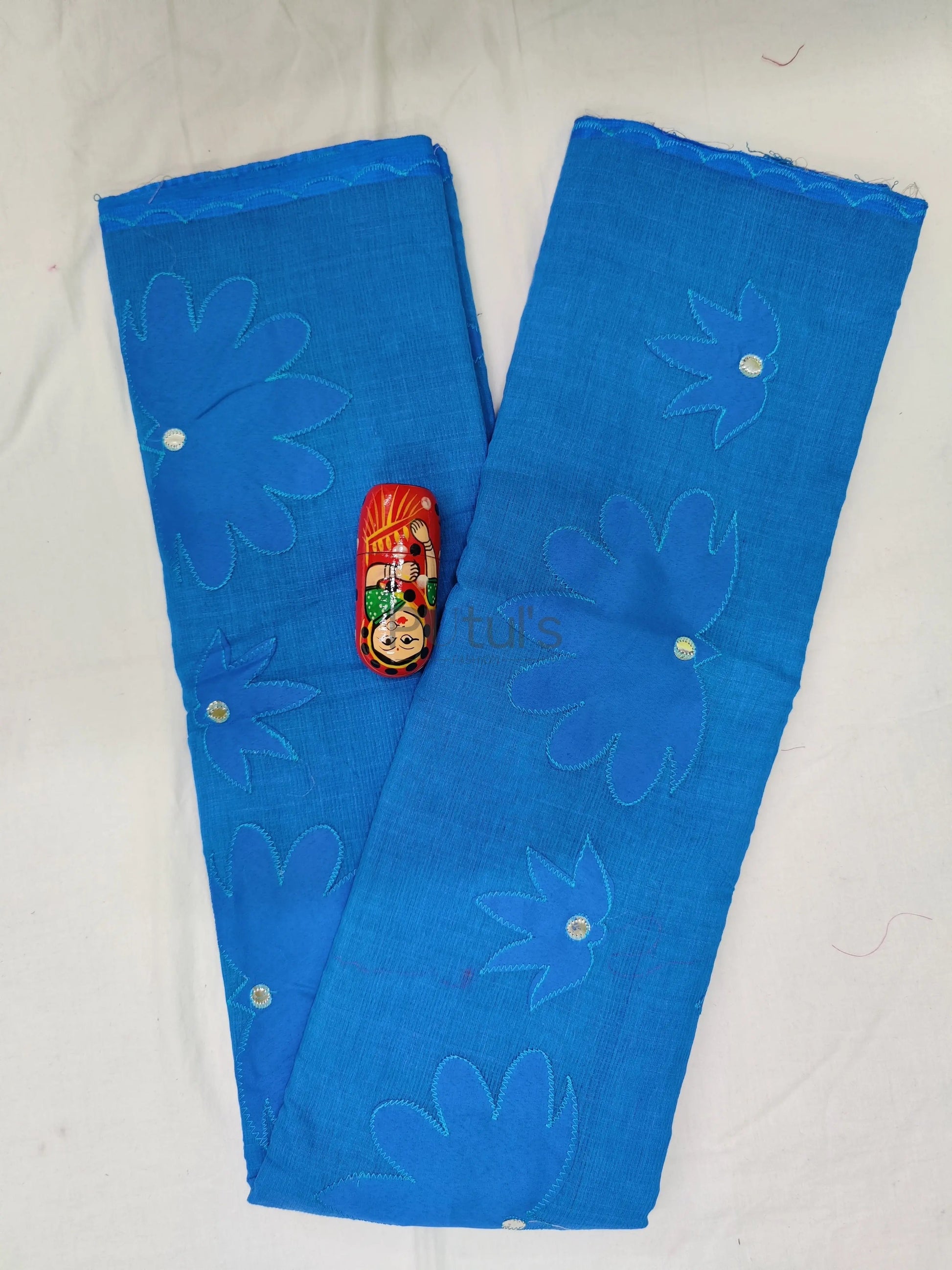 Mirror work Applique saree on noyel fabric yellow - Blue handloom