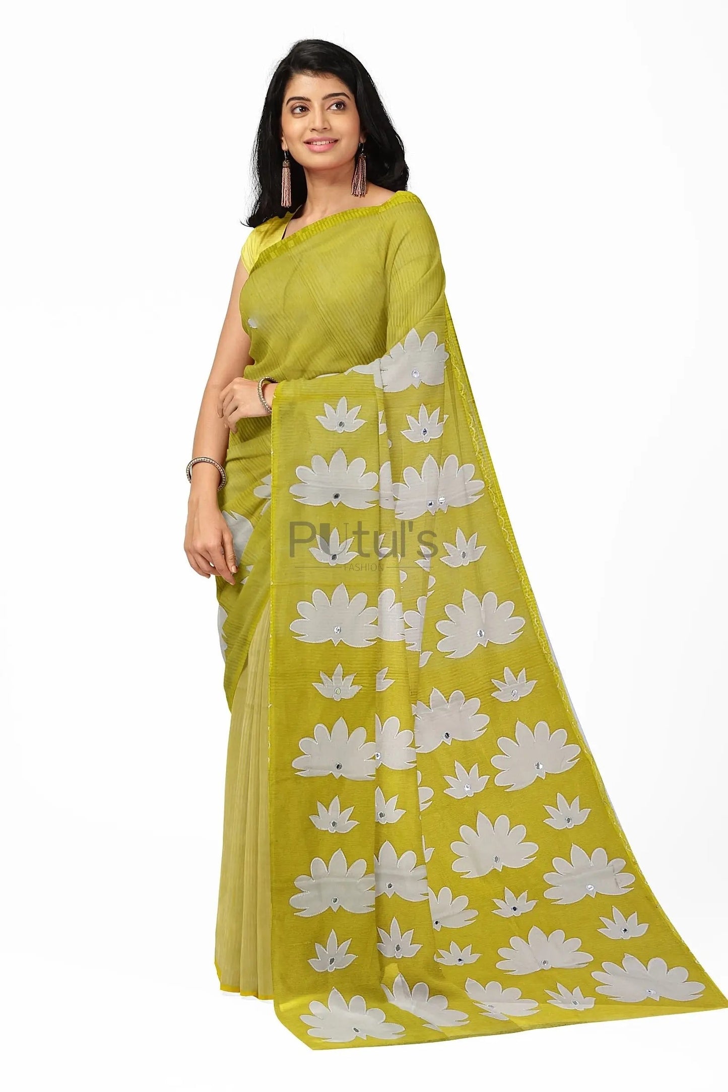 Mirror work Applique saree on noyel fabric yellow - handloom