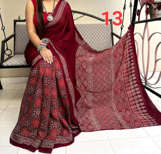 Modal silk saree with ajrakh print - Style 1 - Saree