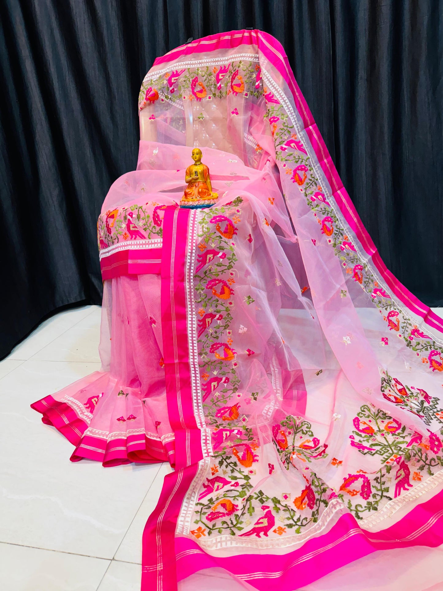 Multicoloured Patola embroidery work on muslin jamdani 2026 new collection - Pink