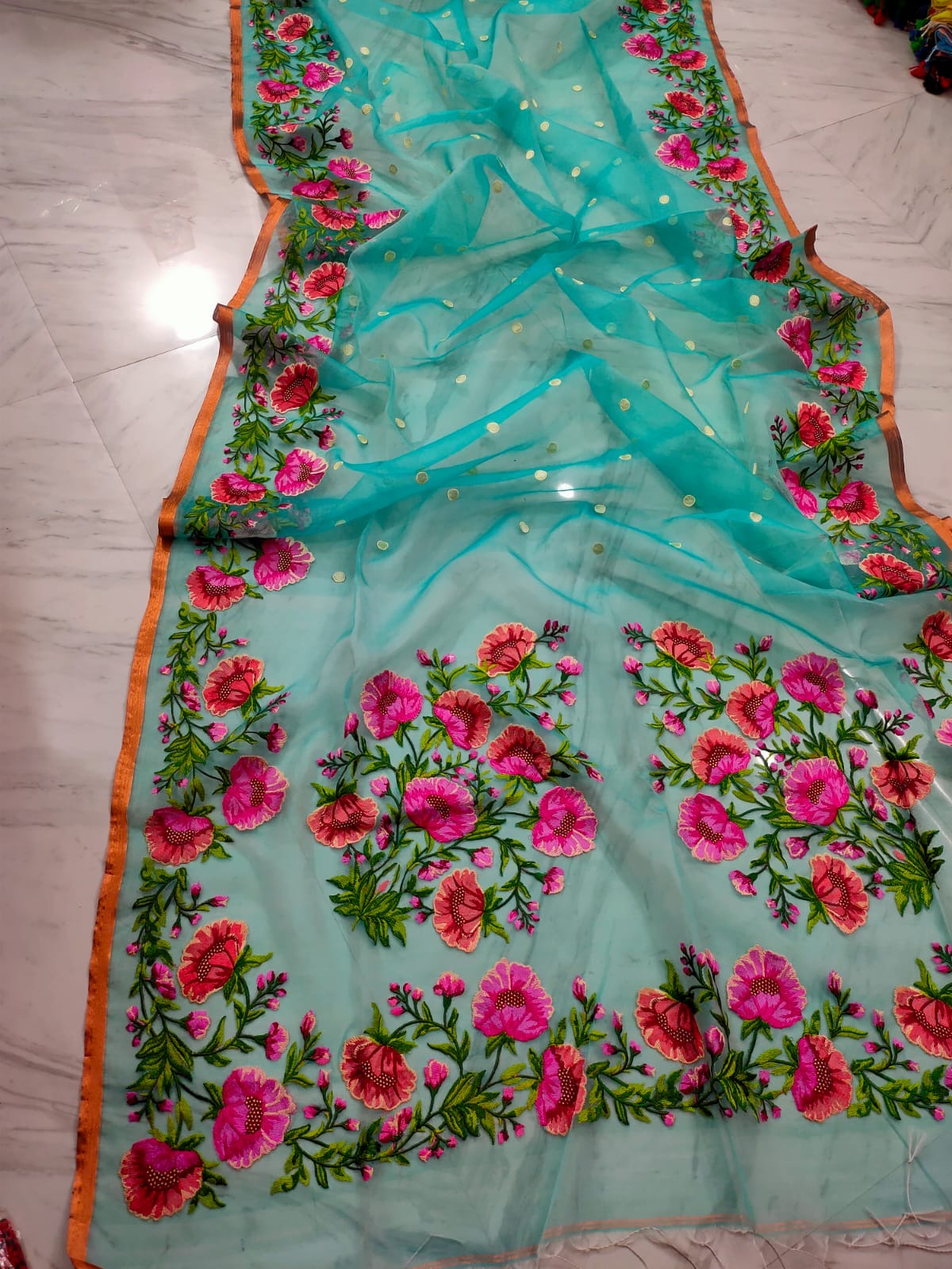 Muslin jamdani saree from Bengal weavers - Sky - muslin saree