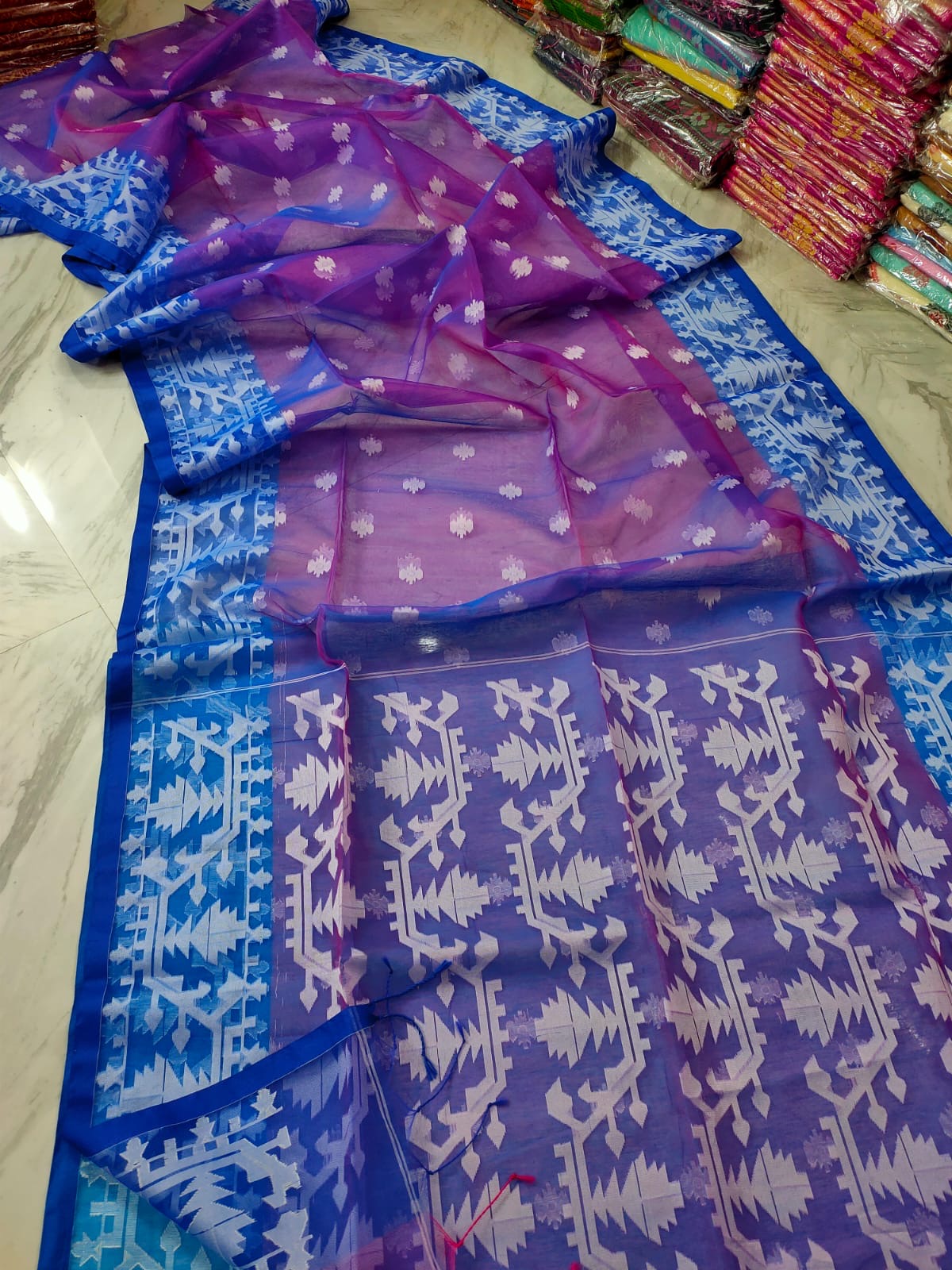 Muslin Jamdani saree from the weavers of Bengal - Blue