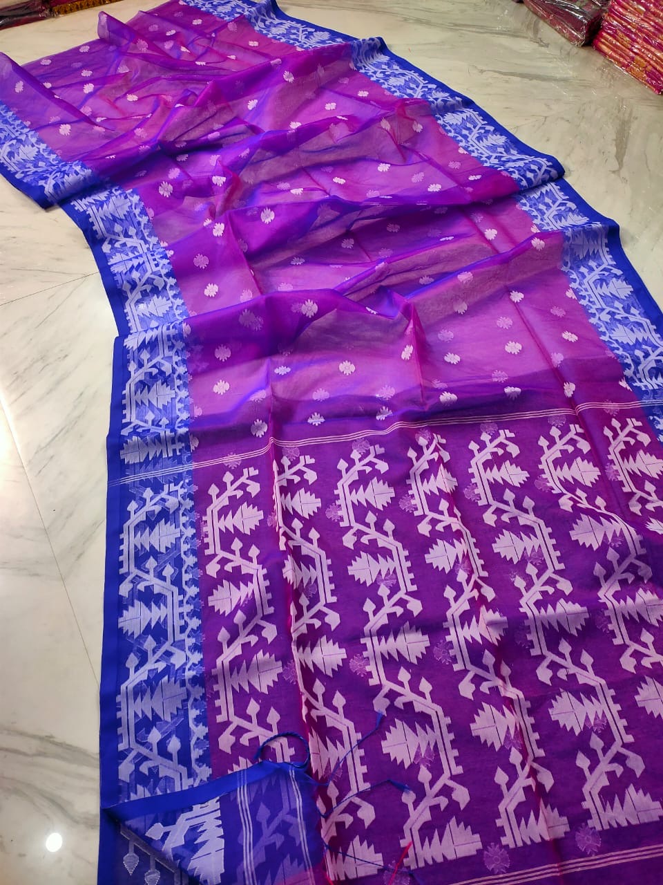 Muslin Jamdani saree from the weavers of Bengal - Purple