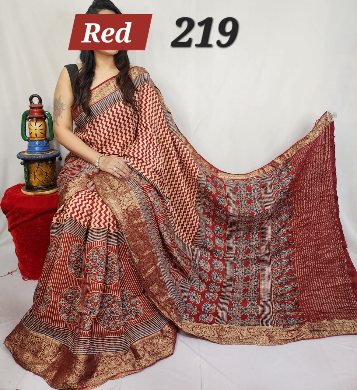 Natural dyed Modal silk saree with ajrakh print - Style 1 - Saree
