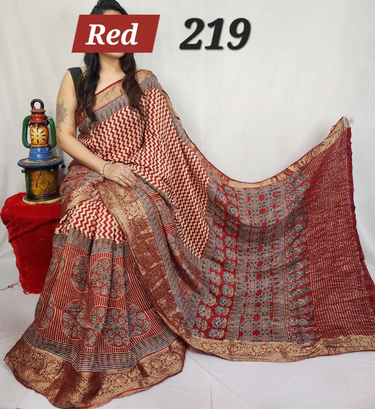 Natural dyed Modal silk saree with ajrakh print - Style 1 - Saree