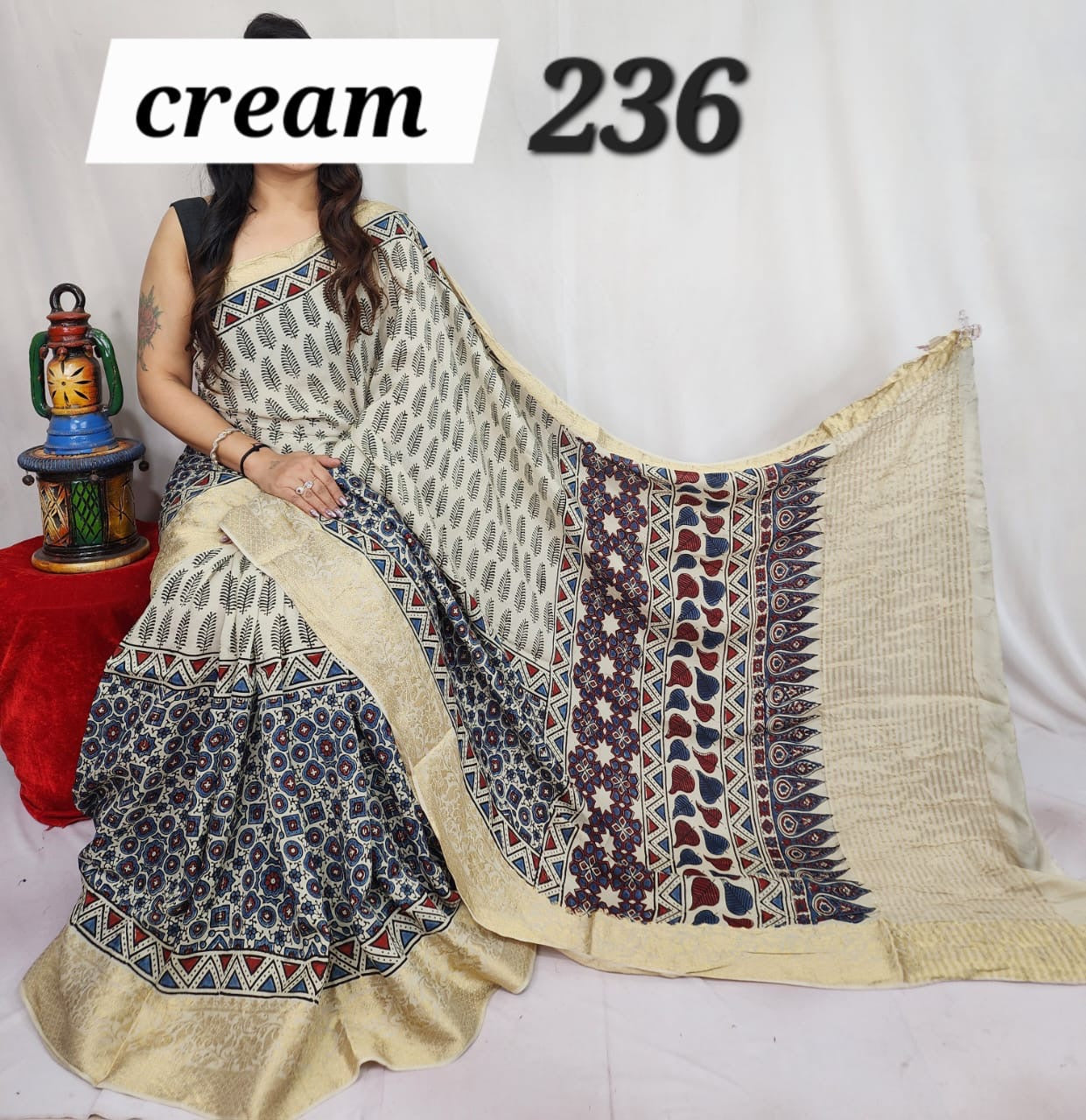 Natural dyed Modal silk saree with ajrakh print - Style 3 - Saree