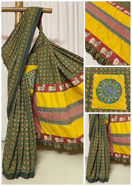 Pocket saree Ajrakh cotton saree fusion mix n match - cotton