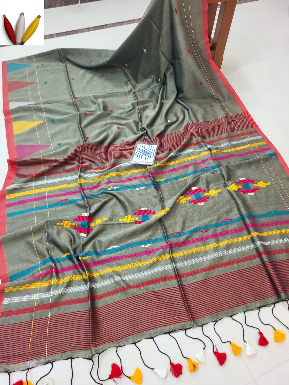 Puja Special cotton jamdani saree - Steel - Cotton jamdani