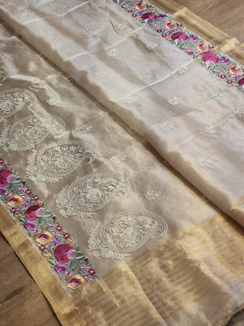 Pure tissue silk saree with parsi border and chikonkari work An artistic creation of weaver - Tissue saree