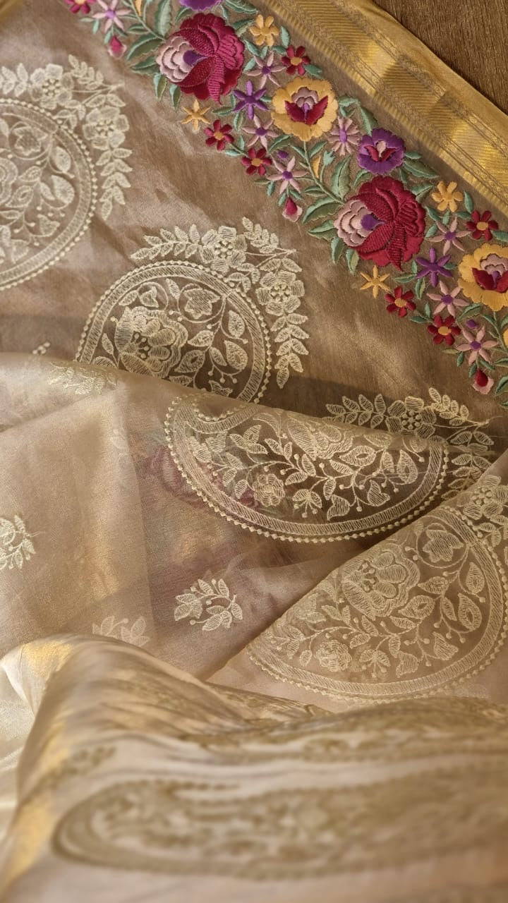 Pure tissue silk saree with parsi border and chikonkari work An artistic creation of weaver - Tissue saree