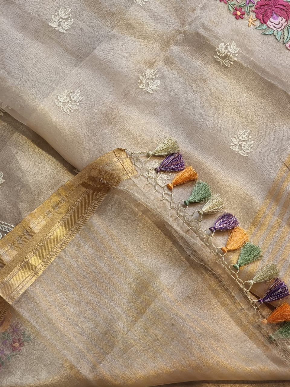 Pure tissue silk saree with parsi border and chikonkari work An artistic creation of weaver - Tissue saree