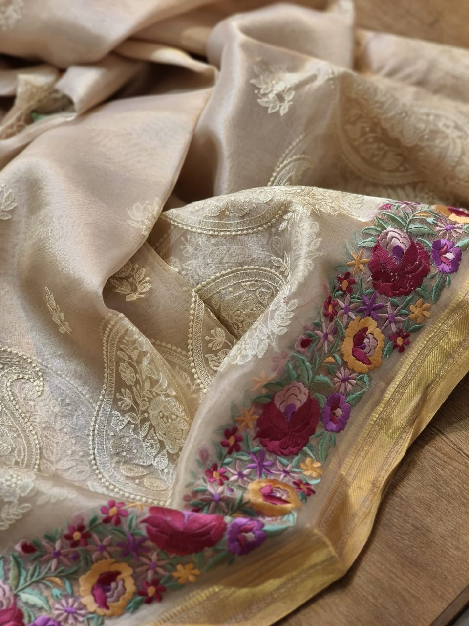 Pure tissue silk saree with parsi border and chikonkari work An artistic creation of weaver - Tissue saree