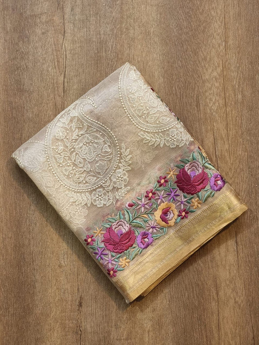 Pure tissue silk saree with parsi border and chikonkari work An artistic creation of weaver - Tissue saree