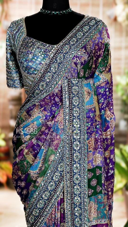 Putuls Fashion Celebrity Style Chinnon Designer Saree in Purple and Teal