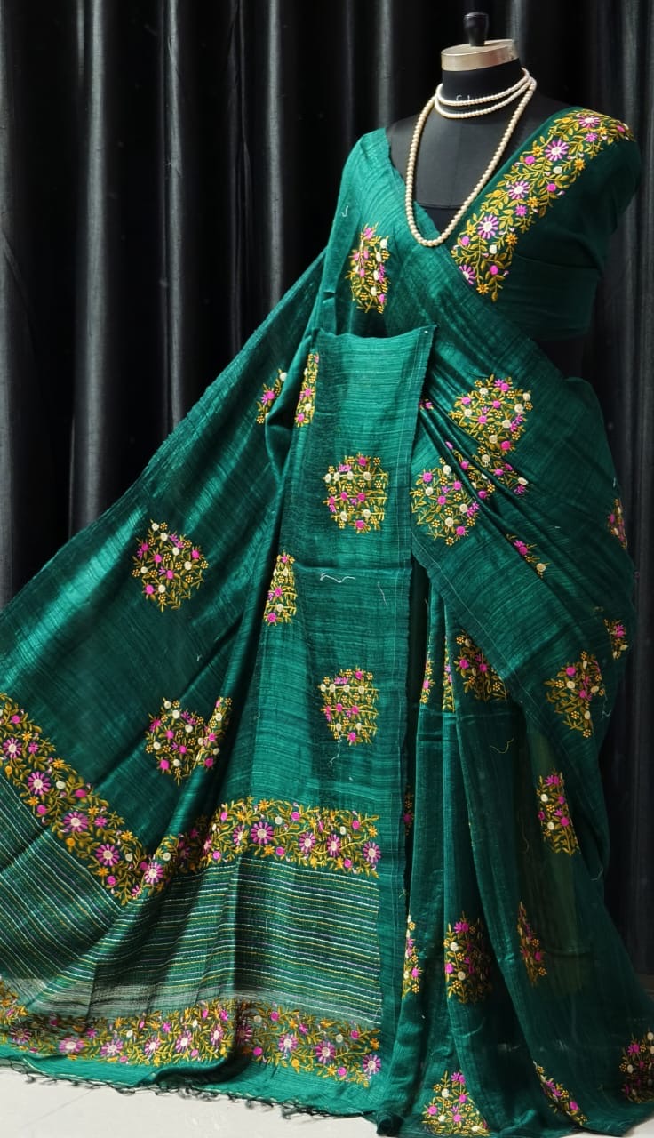 Putul’s Fashion Hand Bullion Parsi Wash Motka Saree Collection Bottle green matka saree