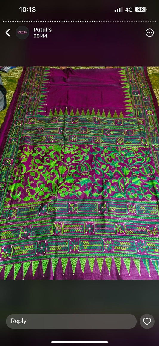 Putul’s Fashion Magenta blended Bangalore Silk Saree with Green Embroidery - Rani purple - Kantha stich