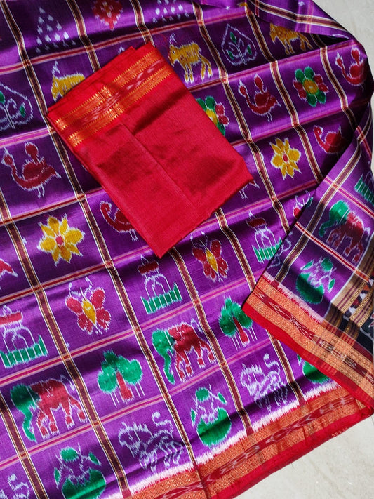 Putuls Fashion Sambalpuri Handloom Double Ikkat Saree in Purple and Red