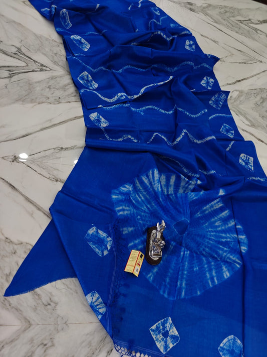 Putul’s Fashion Silk Mark Certified Shibori Motif Desi Scarves - Blue - Tussar saree