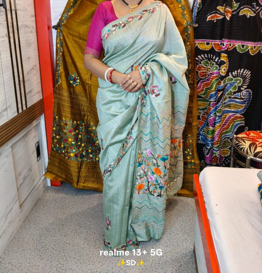 Putul’s Fashion Silk Mark Certified Tussar Sarees with Floral Embroidery - Light sky