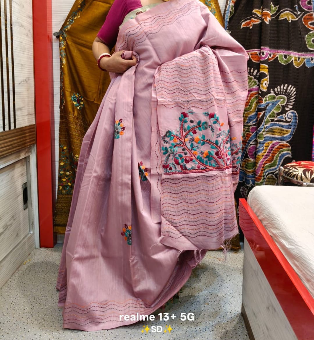 Putul’s Fashion Silk Mark Certified Tussar Sarees with Floral Embroidery - Pink