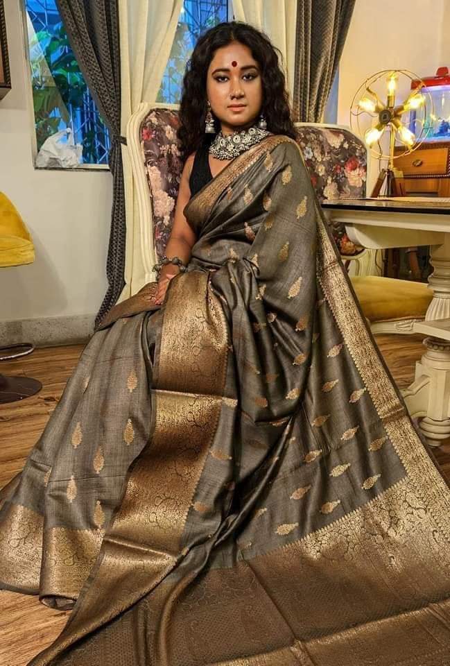 Putul’s Fashion Tussar Muga Banarasi Silk Sarees with Gold Zari Embroidery - Gray - Tussar saree